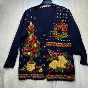 Handmade Christmas Cardigan Womens Size XL Blue Embellished V-Neck Grandmacore